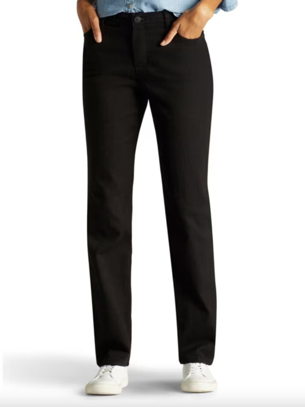 Lee Instantly Slims Black Straight Leg Jeans Size 12S Tummy Panel Relaxed Fit